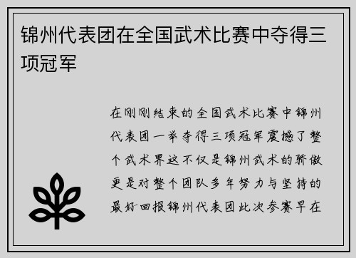 锦州代表团在全国武术比赛中夺得三项冠军