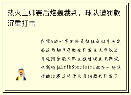 热火主帅赛后炮轰裁判，球队遭罚款沉重打击